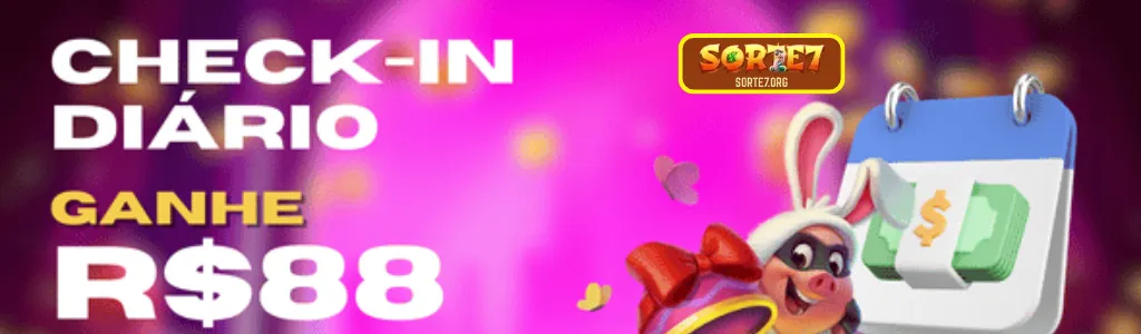 Jogador fazendo check-in diário e ganhando R$88 no SORTE7 cassino.